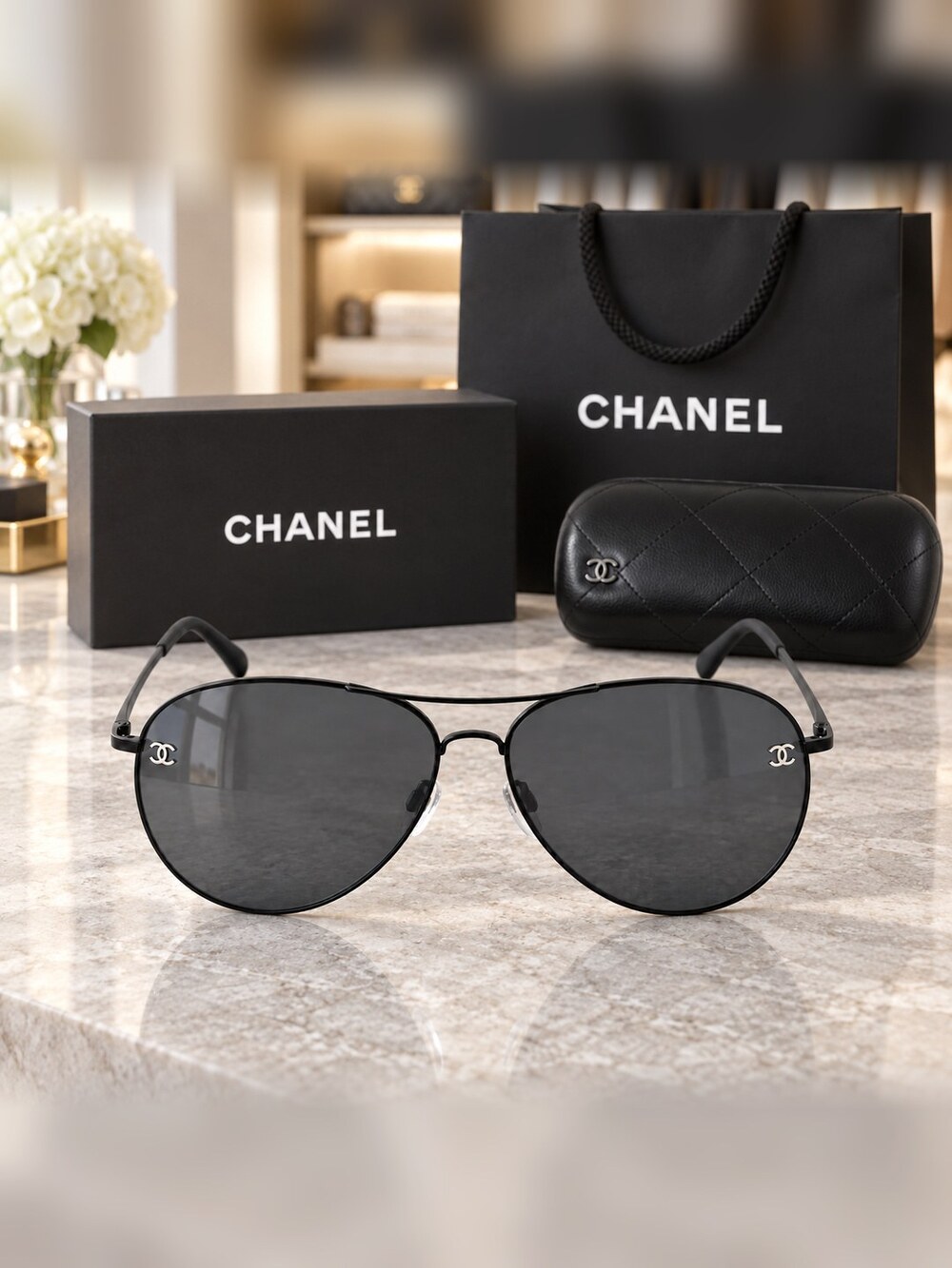 Chanel Black Aviator Sunglasses - Picture 1 of 6